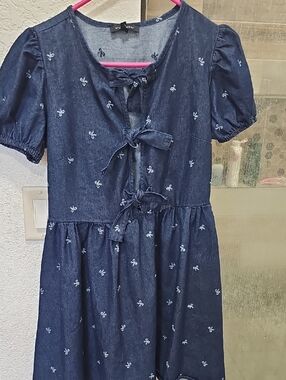 Navy Blue Tie-Front Denim Dress